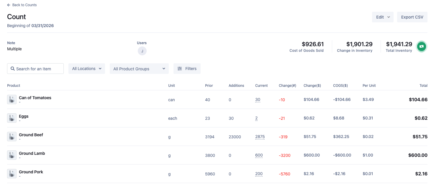 Foodrazor inventory count showing real per-unit cost and COGS for every ingredient